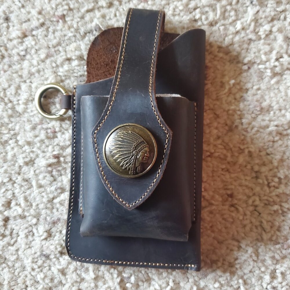 Brown Leather Cell Phone Holster Indian Head Snap Closure Belt Loop Pouch